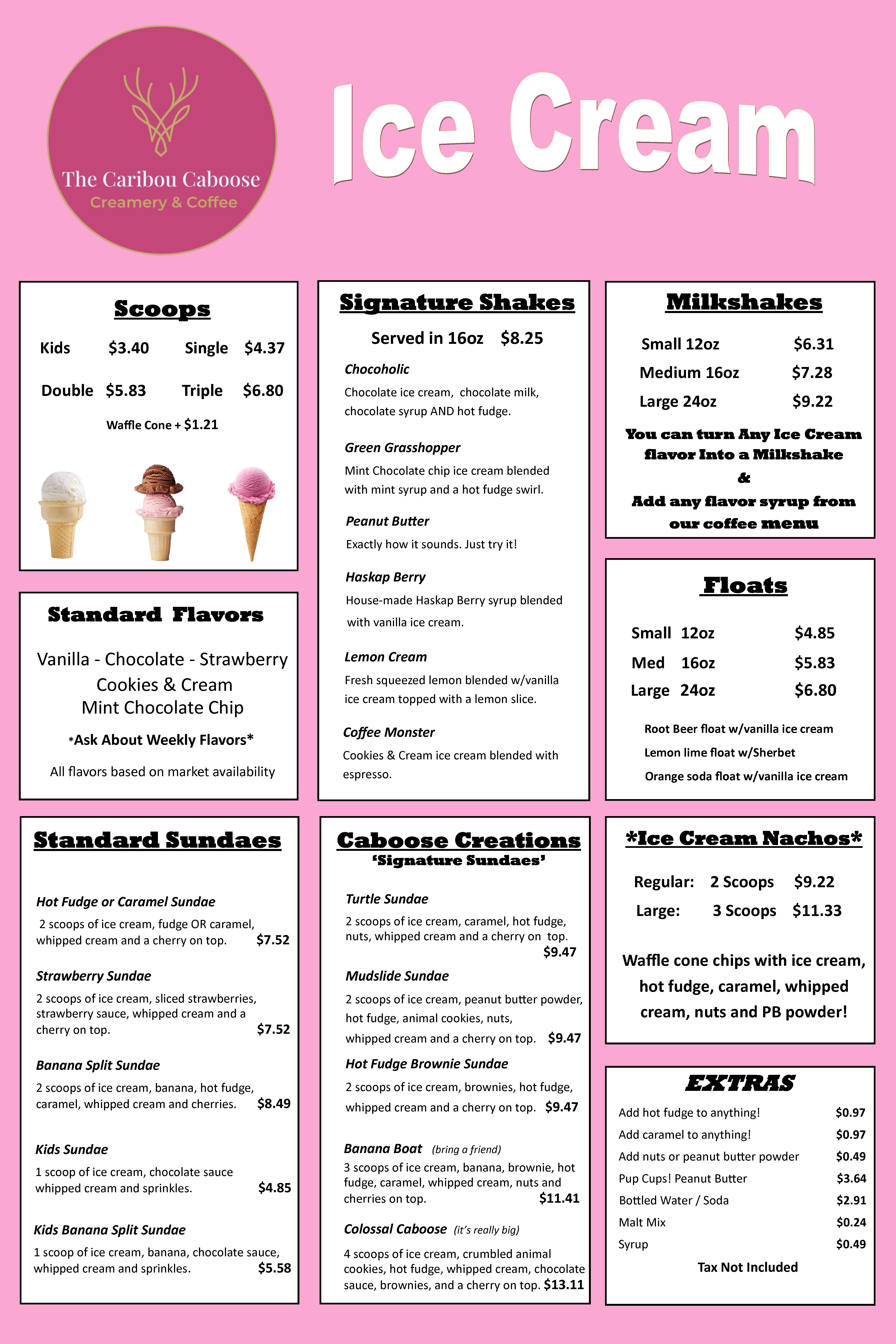 Caribou Caboose Ice Cream Menu
